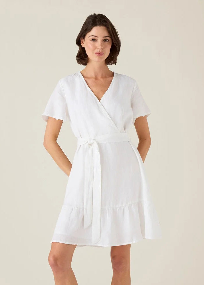 Lexington Belted Linen V-Neck Dress White