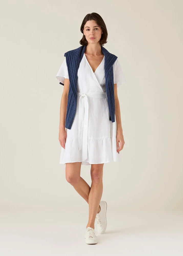 Lexington Belted Linen V-Neck Dress White