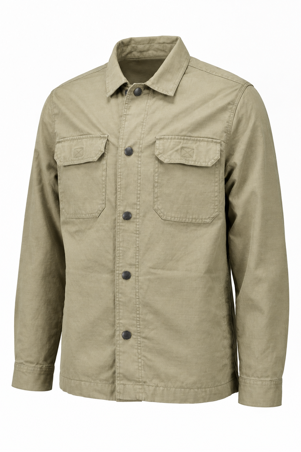 AI-genererad studiobild av Barbour Draftmen Overshirt i Grey Olive, framifrån mot ljus bakgrund.