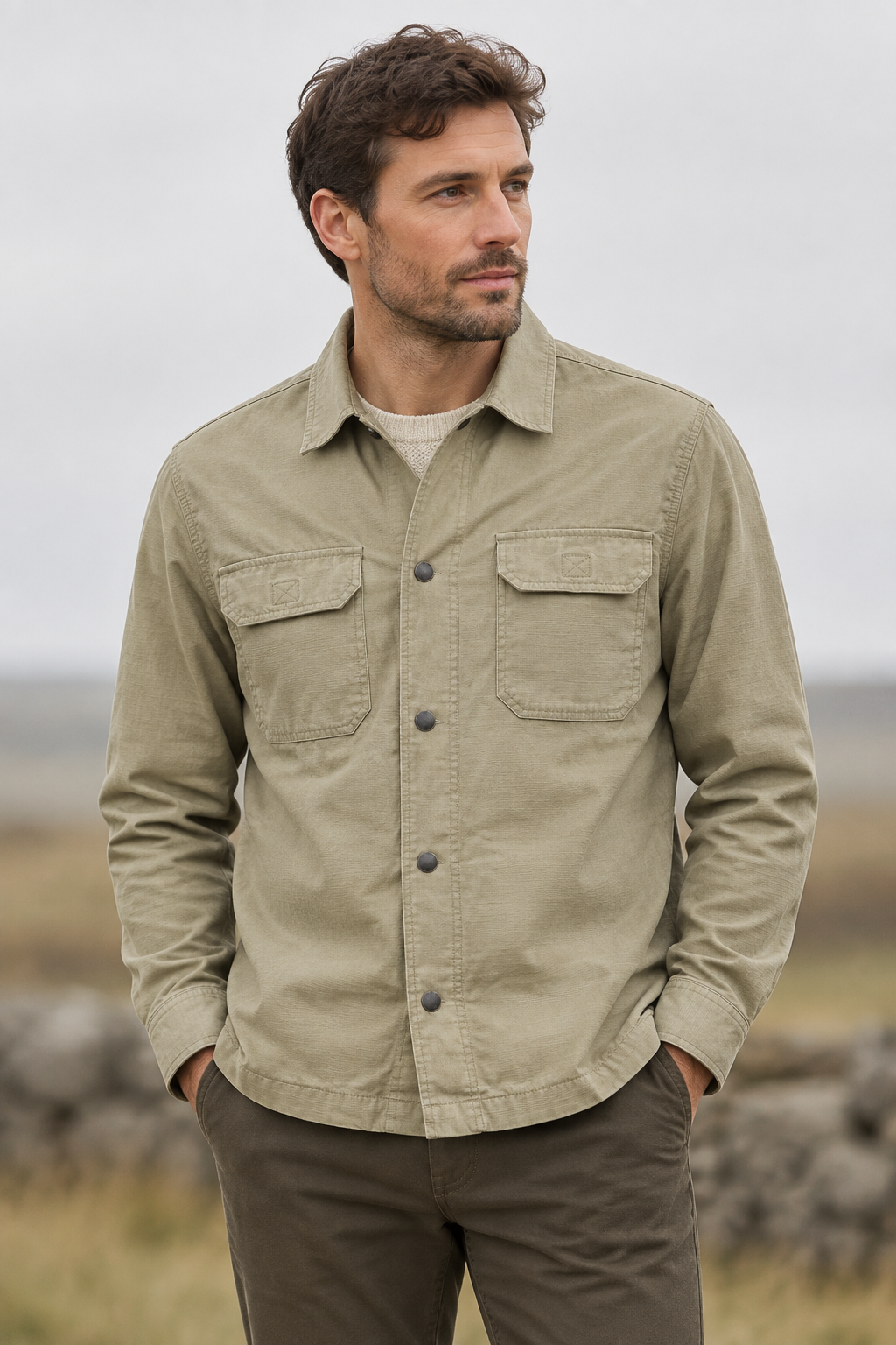 AI-genererad livsstilsbild av Barbour Draftmen Overshirt i Grey Olive.