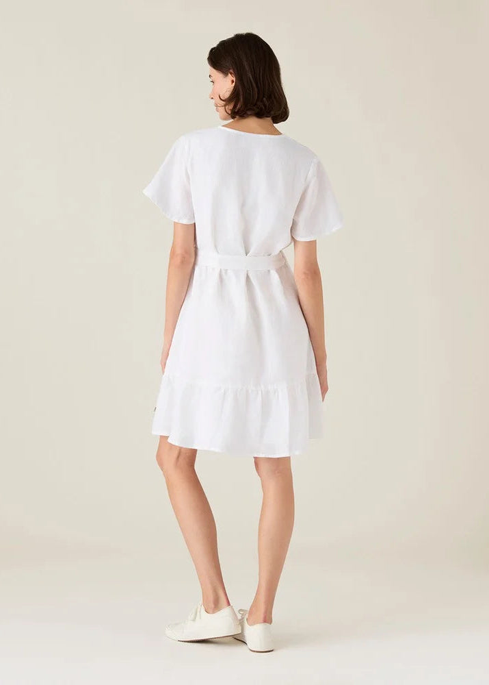 Lexington Belted Linen V-Neck Dress White