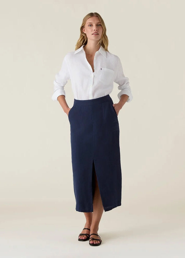 Lexington Midi Linen Skirt Navy