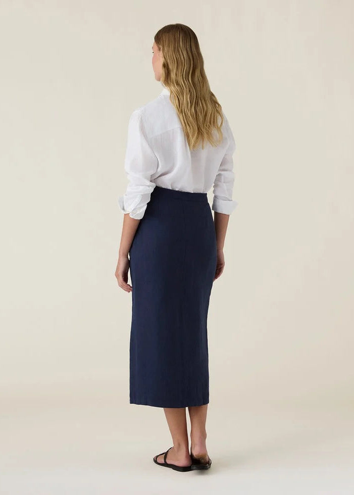 Lexington Midi Linen Skirt Navy