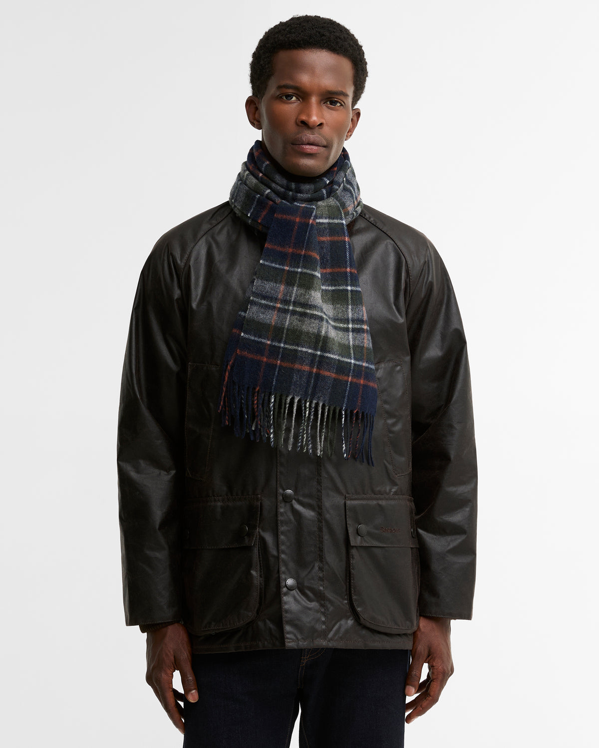 Barbour Tartan Lambwool Scarf Navy Dark Ginger